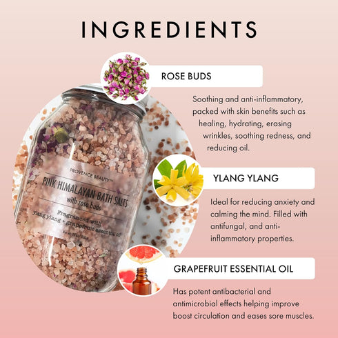 Pink Himalayan Bath Salt with Rose Petals, 100% Natural Aromatherapy, Ylang Ylang Grapefruit Essential Oil Bath Salts
