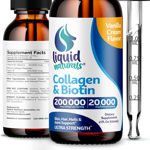 Liquid Collagen and Biotin, 2 Fl. Oz, Ultra-Strength Supplements for Women, Third-Party Tested Biotin for Hair Growth,