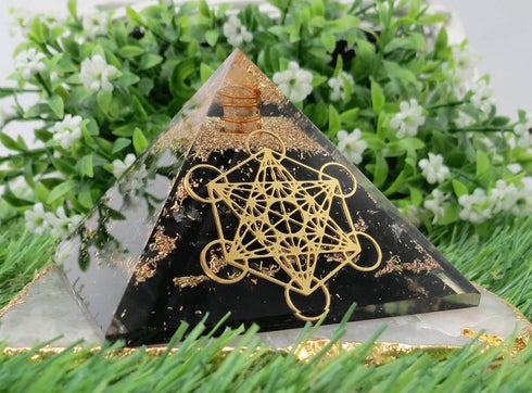 Large Orgone Pyramid of Shungite Stones, Metatron Cube Orgonite Pyramid for Positive Energy