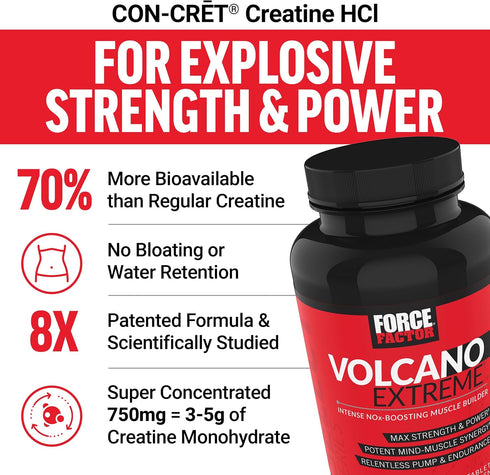 Force Factor Volcano Extreme Pre Workout Supplement for Men, Nitric Oxide Booster with Creatine, 90 Tablets for Muscle