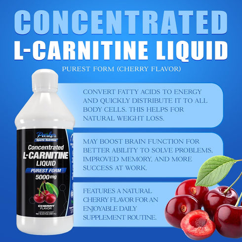 Concentrated L-Carnitine Liquid, 5000mg All Natural Cherry Flavored Supplement, Liquid with Vitamin V5, 16.23 Fl. Oz