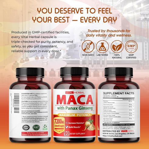 VITAL HERBAL 90-Day Maca Root Complex with Ashwagandha, Tongkat Ali, Tribulus, Horny Goat Weed & Panax Ginseng Herbal