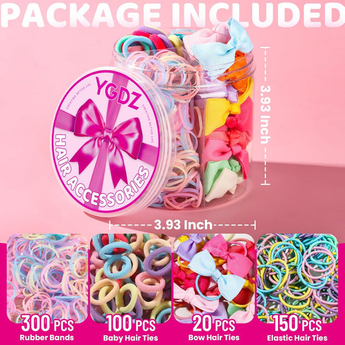 YGDZ Hair Accessories Set: 300 Elastic Rubber Bands, 150 Small Hair Ties, 100 Bands for Thin Hair, 20 Baby Hair Bows