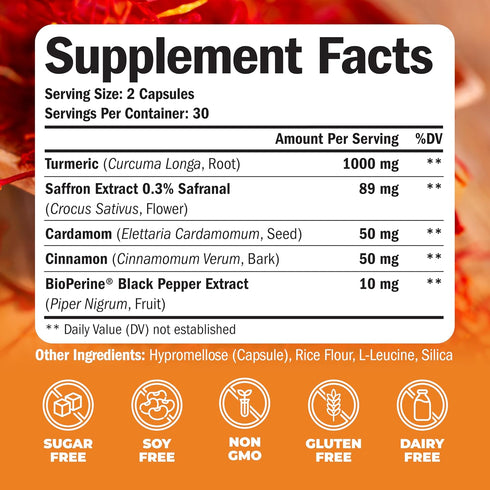 Turmeric Saffron Supplements with Cinnamon & Cardamom for Joint Support, 60 Capsules