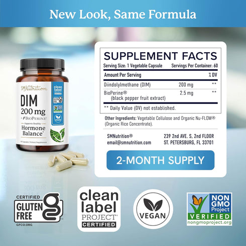 DIM Supplement 200 mg | Estrogen Balance for Women & Men | Hormonal Acne, Menopause & Antioxidant Support | 60 Ct.