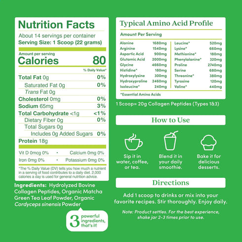 Further Food Matcha Collagen Peptides Powder, Organic Matcha & Cordyceps for Energy, Gut Health, 10.62 oz