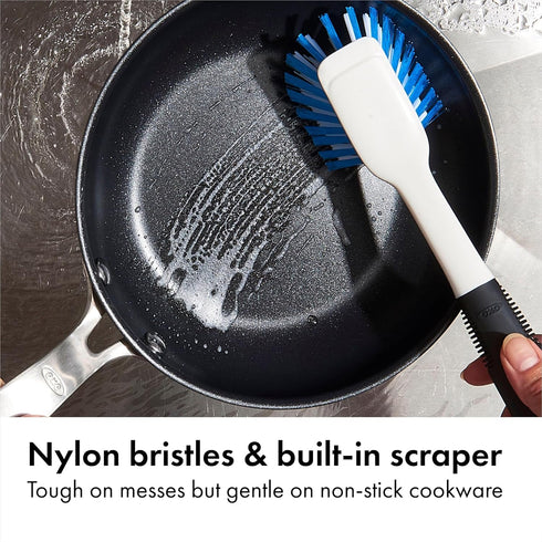 OXO Good Grips Dish Brush, Nylon Bristles with Built-in Scraper, Safe for Non-Stick Cookware, Non-Slip Handle