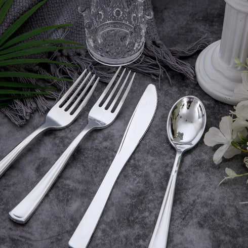 Liacere 200Pcs Silver Plastic Cutlery - 100 Forks, 50 Spoons, 50 Knives, Disposable Silverware for Parties