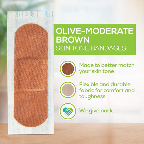 Skin Tone Bandages, Olive-Moderate Brown, Single Bag (30-Count; Green Bag)