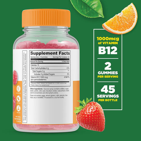 Lifeable Vitamin B12 Gummies for Adults | 1000 mcg | Great Tasting B12 Vitamins | non-GMO, Vegan B12 | for Energy and Metabolism Support | 90 Gummies