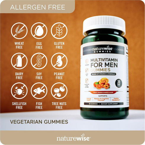 Gummies Immune B6 B12, 60 Count[1-Month NatureWise Multivitamin for Men, Peach Mango Flavor, for Health with Minerals