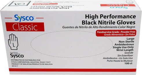 Sysco Nitrile High Performance Gloves, Powder Free Disposable Food Grade (100 Gloves Pack) (Large - Black)