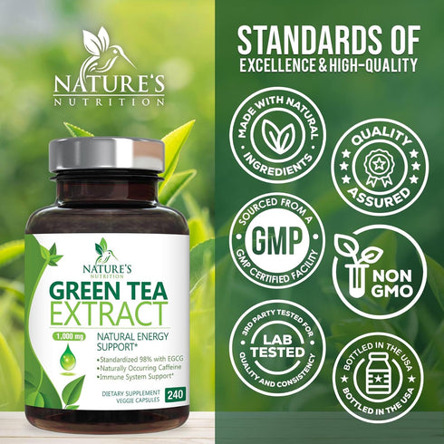 Green Tea Extract Capsules 1000mg 98% Standardized EGCG - 3X Strength for Natural Energy - 240 Capsules