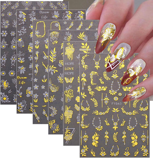 8 Sheets Gold Nail Stickers, Flower Nail Decals, 3D Self-Adhesive Leaf Nail Art Supplies for Women