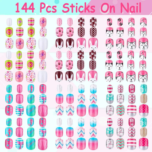Kids Press on Nails, Thrilez 144Pcs Girls False Nails, Pre Glue Stick on Short Nails Decoration Gift for Ages 7-12