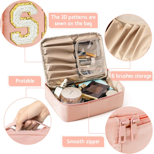 Preppy Patch SKIN Large Capacity Makeup Bag, Travel Toiletry Organizer with Brush Bags, Reusable Cosmetic Case (Pink)