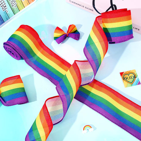 Whaline 2 Rolls Rainbow Stripe Wired Ribbon, 2.5 Inch, Colorful LGBTQ Pride Fabric for Crafts and Gift Wrapping