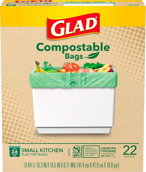 Glad Kitchen Compost Bags, 100% Compostable, 2.6 Gallon Unscented - 22 Count
