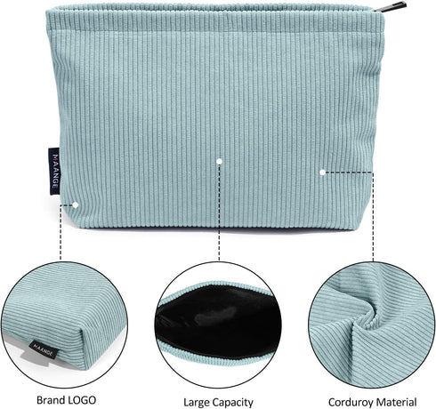 MAANGE Small Makeup Bag for Purse, Green Corduroy Travel Cosmetic Pouch, Portable Versatile Zipper Bag for Women