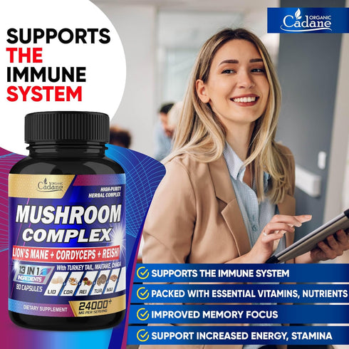 24000mg Mushroom Complex Supplements - 90 Capsules | 13in1 Concentrated with Lions Mane, Reishi, Turkey Tail