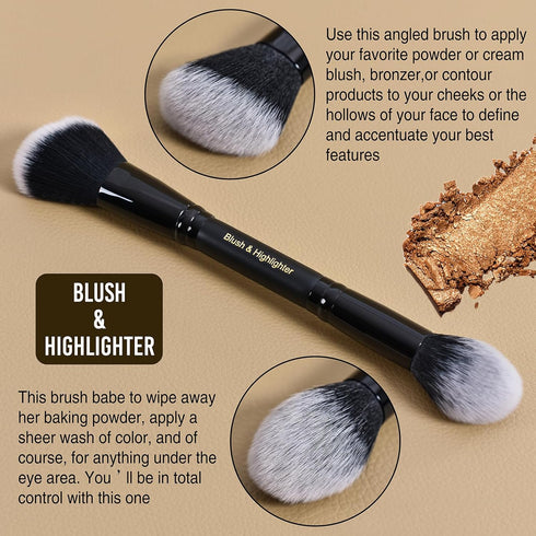 LORYP Black Makeup Brushes - 2Pcs Duo End Foundation and Blush & Highlighter Brush Set