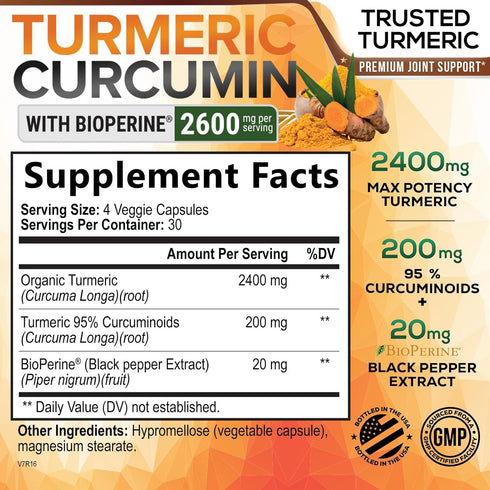 Turmeric Curcumin Supplement with BioPerine 95% Curcuminoids 2600mg, Best Natural Vegan Joint Support, 120 Capsules