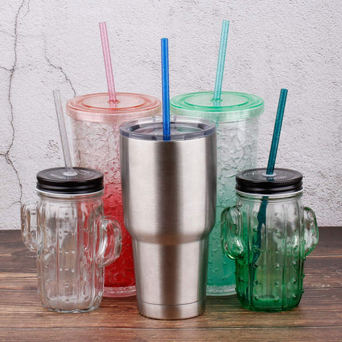 Dakoufish BPA-Free 12 Piece 11 Inch Reusable Clear Plastic Glitter Sparkle Drinking Straw with Cleaning Brush (6 Color)