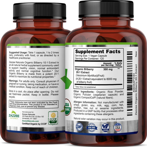 Zazzee USDA Organic Bilberry 20:1 Extract 6000 mg Strength, 120 Vegan Capsules, 4 Month Supply