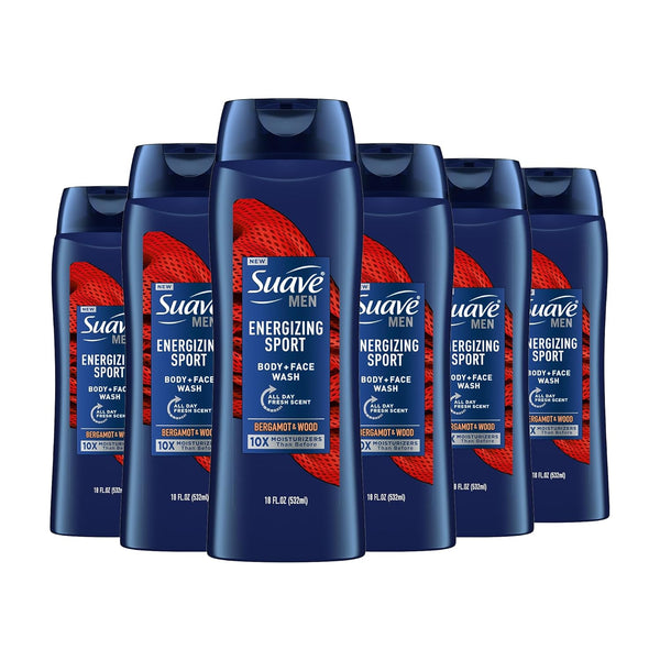 Suave Men Moisturizing Body & Face Wash, Energizing Sport with Bergamot & Wood Scent, 18 Oz Pack of 6, No Parabens