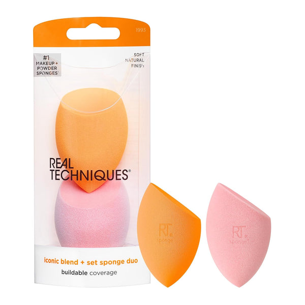 Real Techniques Iconic Blend + Set Makeup Sponge Duo - 2 Count for Liquid, Cream, & Powder