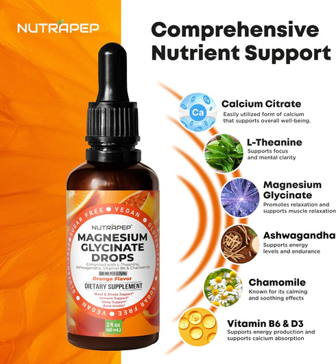 NutraPep 500mg B6 Liquid Magnesium Glycinate Drops Supplement - Cortisol Complex with L-Theanine Ashwagandha Vitamin