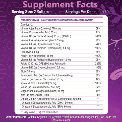 Prenatal Vitamins for Women - Multivitamin with DHA, Folic Acid, Vitamin C, B12, Iron & Omega-3, 120 Softgels