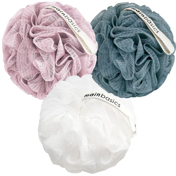 MainBasics Bath Shower Loofah Sponge Pouf - Body Scrubber Exfoliator, Set of 3, Airy Blossom