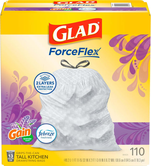 Glad Trash Bags - OdorShield Tall Kitchen Drawstring Garbage Bags, Lavender, 13 Gal, 110 Ct