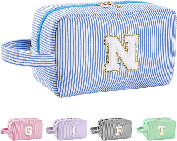 Personalized Initial Makeup Bag A-Z, Travel Toiletry Monogram Cosmetic Bag, Cute Pouch for Women, Teen Girls (Blue, N)