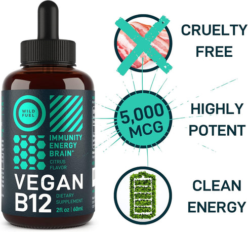 Vegan Vitamin B12 Liquid Drops - Fast-Acting 60 x 5000mcg Methylcobalamin Supplement - Energy, Memory, Mood Support -