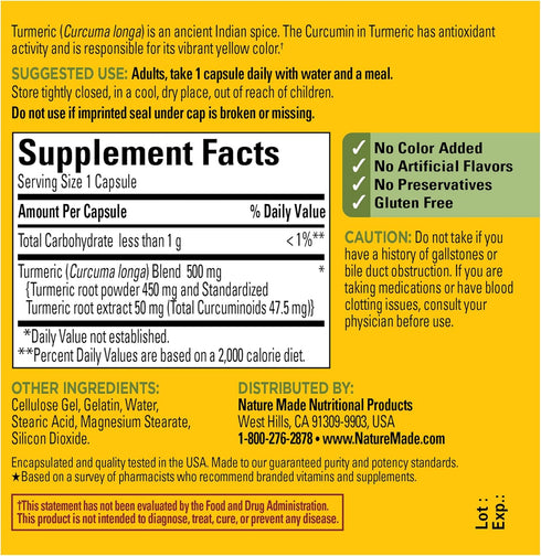 Nature Made Turmeric Curcumin 500 mg, Herbal Supplement, 60 Capsules, 60 Day Supply