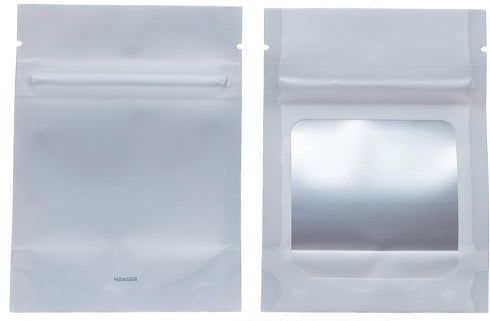 HANSER Smell Proof Odorless Mylar Resealable Foil Pouch Bags with Clear Window, Stand Up Bottom, Airtight, Matte White,