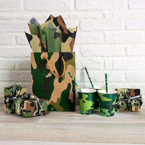100 Sheets 20 x 14 Inches Camo Tissue Paper for Gift Wrapping, Green Black Camouflage for Birthday Camping Party