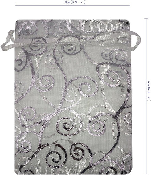 100pcs Sheer Organza Favor Bags - Rattan Print Gift Bags for Wedding Baby Shower, 4x6, Silver