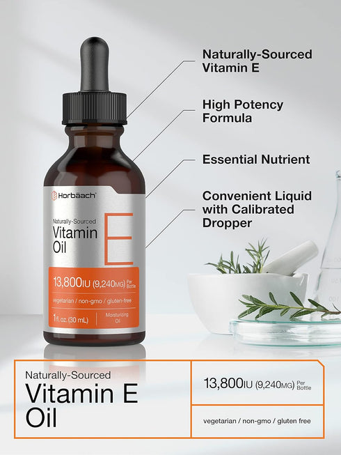 Horbaach Vitamin E Oil 13,800IU - 1oz Vegetarian Non-GMO Gluten Free Liquid Supplement
