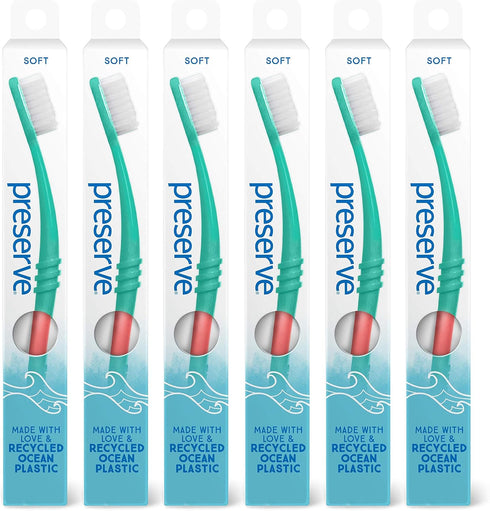Preserve Ocean Plastic Initiative (POPi) Adult Toothbrush, Made in USA from Recycled Ocean Plastic, Coral, Soft, 6 Count