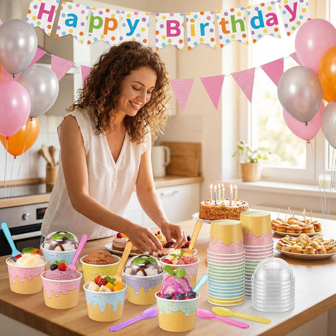 Jingmore 240 Set 6oz Ice Cream Paper Cups with Lids and Spoons, Disposable Sundae Bowls, Dessert Cups for Birthday
