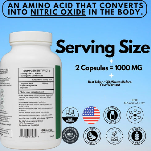 PRISTINE'S L Arginine 1000mg Nitric Oxide Blood Flow Supplement Capsules - 90 Day Supply for Energy & Endurance