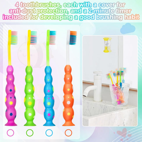 Soft Kids Toothbrushes with Suction Timer - Flossing Bristles, Toddler Toothbrush Set for Ages 3-10, Pack of 4