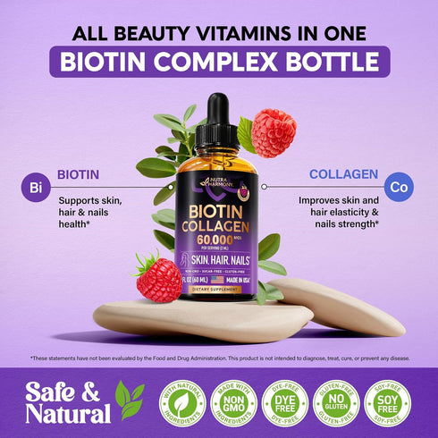 Liquid Biotin & Collagen - Vitamins for Hair Growth Support for Women & Men - Extra Strength 60000 mcg Drops