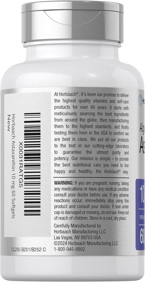 Horbaeach Astaxanthin 10mg, 60 Softgels, Algae Derived Non-GMO, Gluten Free Supplement