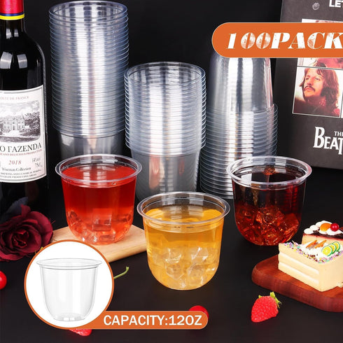 KesaPlan 100 Pcs Clear Classic 12oz Crystal Plastic Stemless Wine Glasses for Weddings, Meetings, Birthdays, Parties