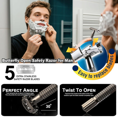 WEISHI Butterfly Open Double Edge Safety Razor for Men - Nostalgic Long Handle with 5 Stainless Blades