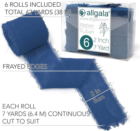 Allgala 6 Roll 2"x7yd Navy Blue Color Handmade Rustic Fringe Frayed Chiffon Ribbon for Bridal Wedding Gift Packing, Flower Bouquet Arrangement Wrapping DIY Craft by allgala